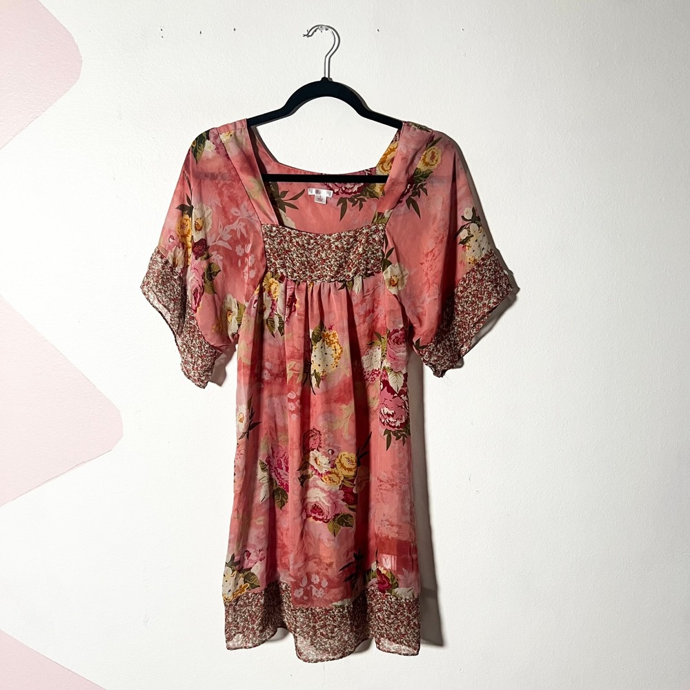 Vtg Y2k 2000s Slip Dress Small Pink Floral Sheer Babydoll Nightgown Fairy